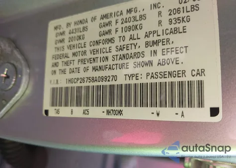 2008 Honda Accord 2.4 Ex z USA, uszkodzony, nr VIN 1HGCP26758A099270